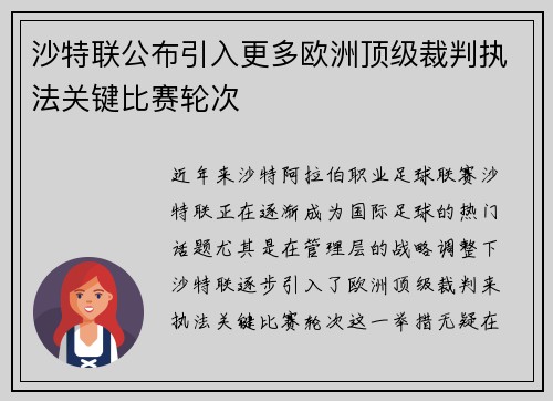 沙特联公布引入更多欧洲顶级裁判执法关键比赛轮次